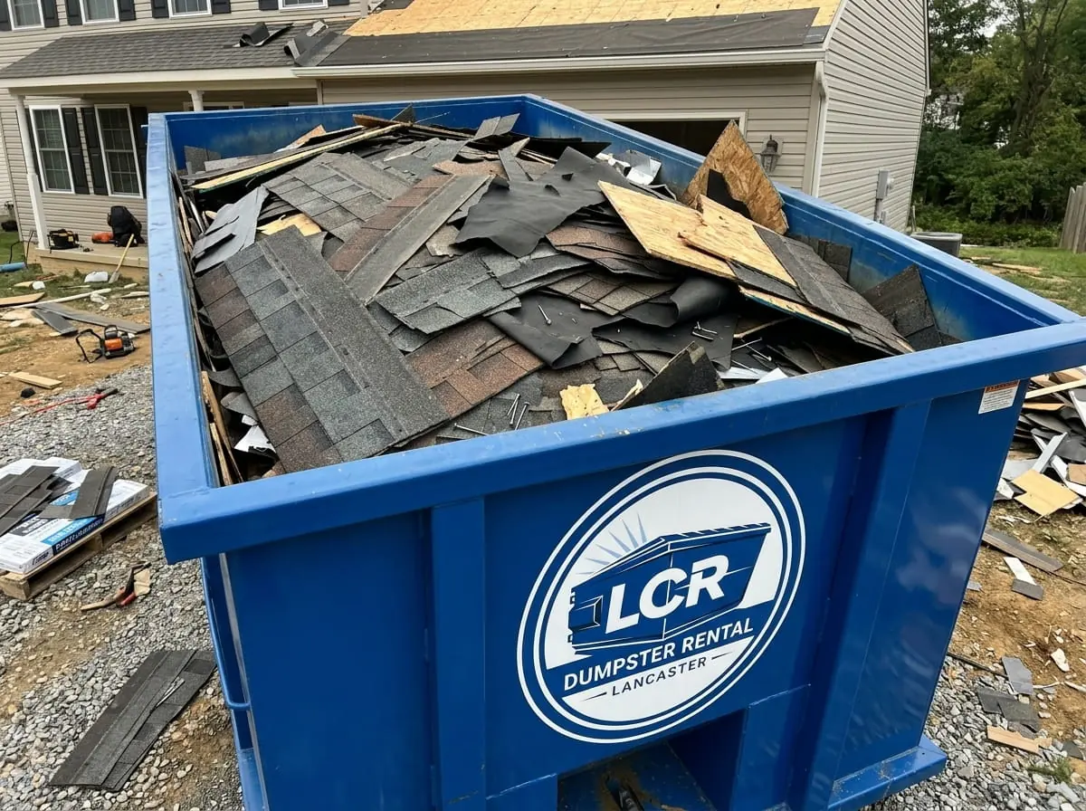 Roll-off dumpster loaded with roofing and renovation debris near Lancaster, PA
